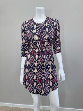 ANTHROPOLOGIE Holding Horses Mira Ikat Dress Navy Cream Print Elastic Waist Mini